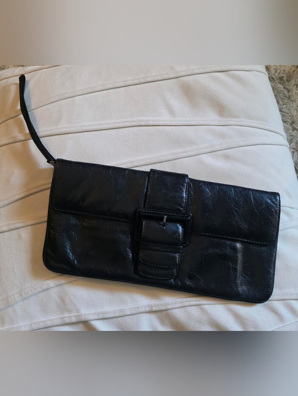 Vintage Hobo International Black Leather Clutch Wristlet Bag with Buckle